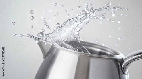 Macro shot of a stream of water flowing from a tilted stainless steel jug, with crystal-clear droplets splashing, isolated on a white background. photo