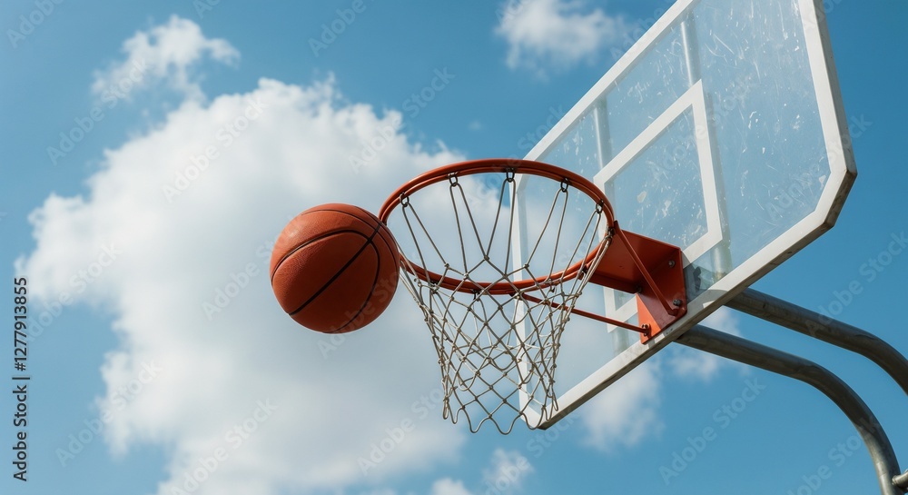 Basketball hoop, dynamic mood, ball flying into ring, under blue sky, copy space Basketball hoop, dynamic mood, ball flying into ring, under blue sky, copy space