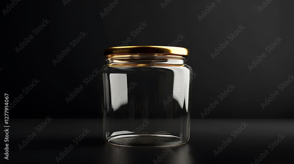 A clear empty jar with a golden lid placed against a solid black background, emphasizing luxury A clear empty jar with a golden lid placed against a solid black background, emphasizing luxury