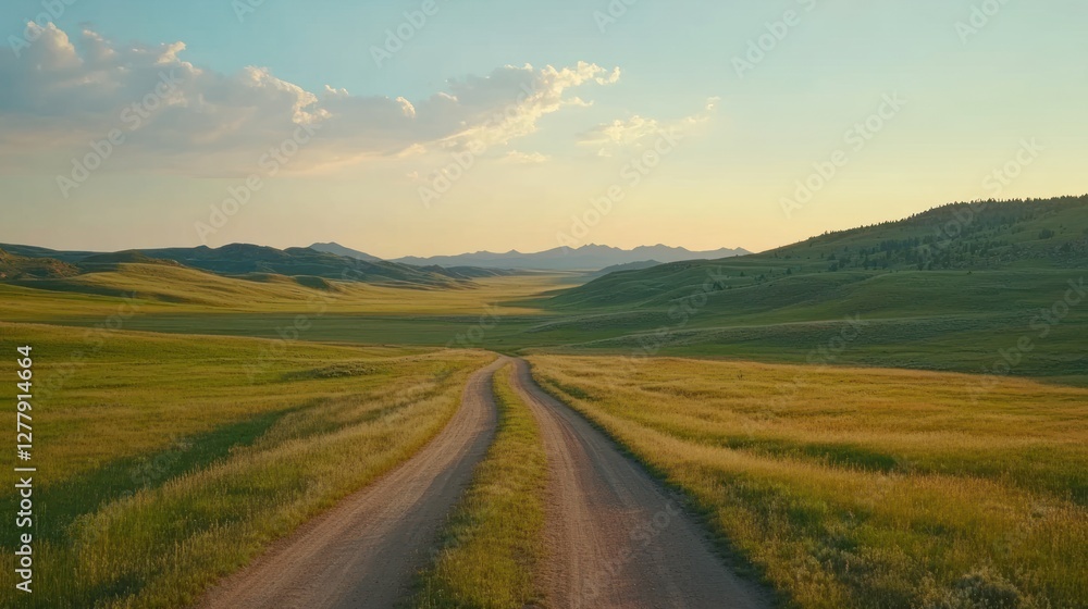 Dirt road stretching into a valley under a blue sky Dirt road stretching into a valley under a blue sky