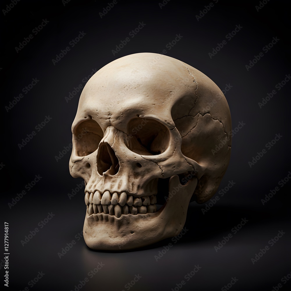 Fototapeta premium Detailed Human Skull in a Dark Studio Setting: A 3D Rendered Image
