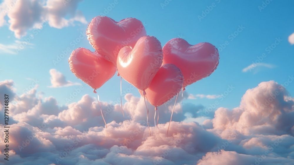 Fototapeta premium Pink Heart Balloons Floating Above Clouds