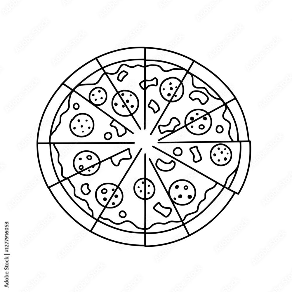 Pizza Icon: A classic pepperoni pizza, divided into even slices, a culinary emblem. Perfect for food-related projects. Pizza Icon: A classic pepperoni pizza, divided into even slices, a culinary emblem. Perfect for food-related projects.