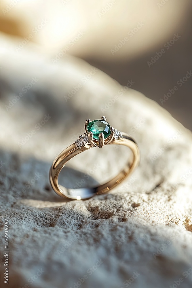 Elegant gold ring featuring vibrant green gemstone, resting on n Elegant gold ring featuring vibrant green gemstone, resting on n