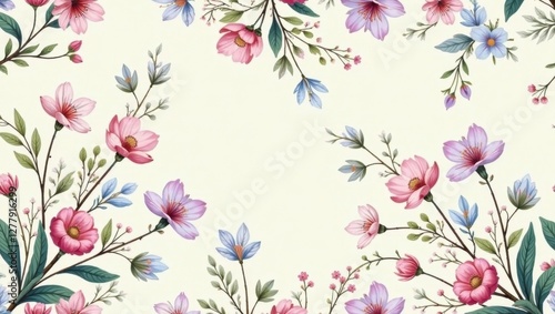 Elegant Floral Border Design Featuring Delicate Pink and Purple Blossoms on a Soft Cream Background