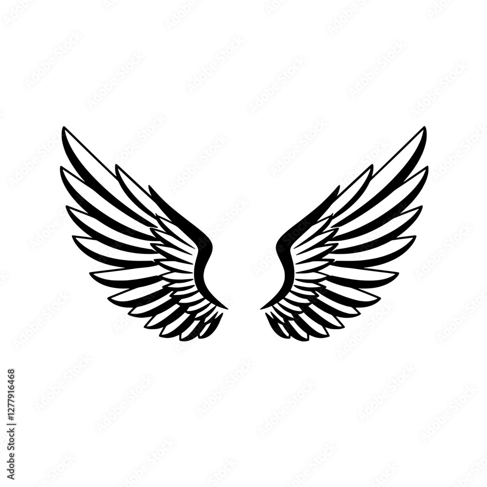 Soaring High: A pair of stylized angel wings, beautifully rendered in striking black and white, symbolize freedom and aspiration.||wings, angel, freedom, aspiration, feather, symbol, black and white. Soaring High: A pair of stylized angel wings, beautifully rendered in striking black and white, symbolize freedom and aspiration.||wings, angel, freedom, aspiration, feather, symbol, black and white.