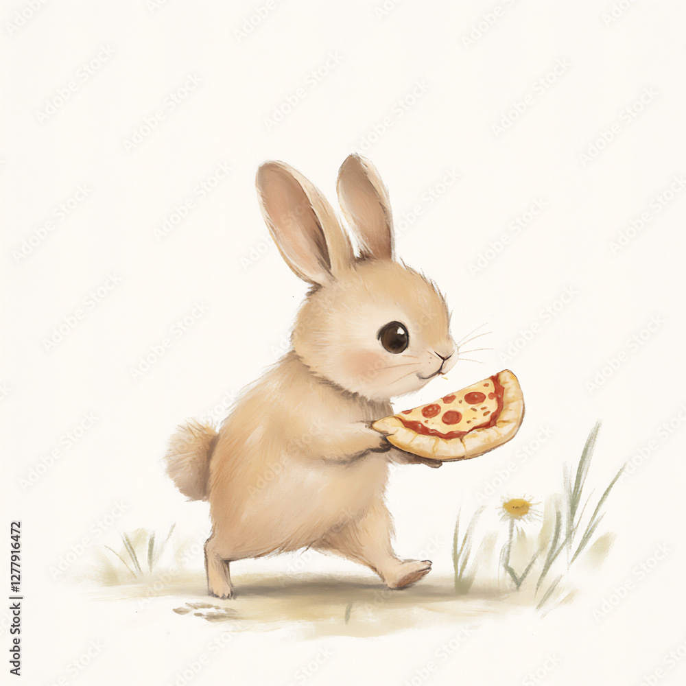 Obraz premium Cute bunny carrying a pizza slice of pepperoni pizza 