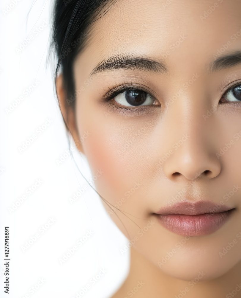 Captivating beauty of a young woman with luminous skin and expressive eyes against a minimalistic background Captivating beauty of a young woman with luminous skin and expressive eyes against a minimalistic background