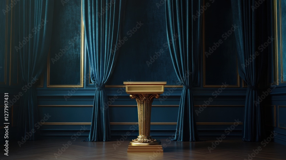 Fototapeta premium Golden podium stands before royal blue curtains and panelled walls