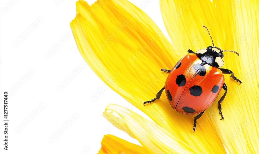 Obraz premium A vibrant ladybug perched on a bright yellow flower petal, showcasing nature's beauty