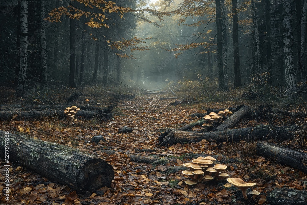 Obraz premium Mystical autumn woodland path with golden leaves, mushrooms, and logs, creating a serene and enchanting natural scenery, perfect for a peaceful journey.