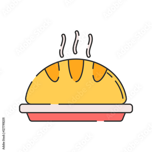 Hot Bread, Flat Design. A freshly baked steaming loaf, useful for bakery branding, food packaging, or warm meal concepts.