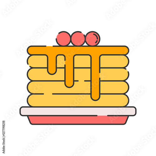 Pancakes, Flat Design. A stack of pancakes with syrup and berries, ideal for breakfast menus, food-related icons, or cafe branding.