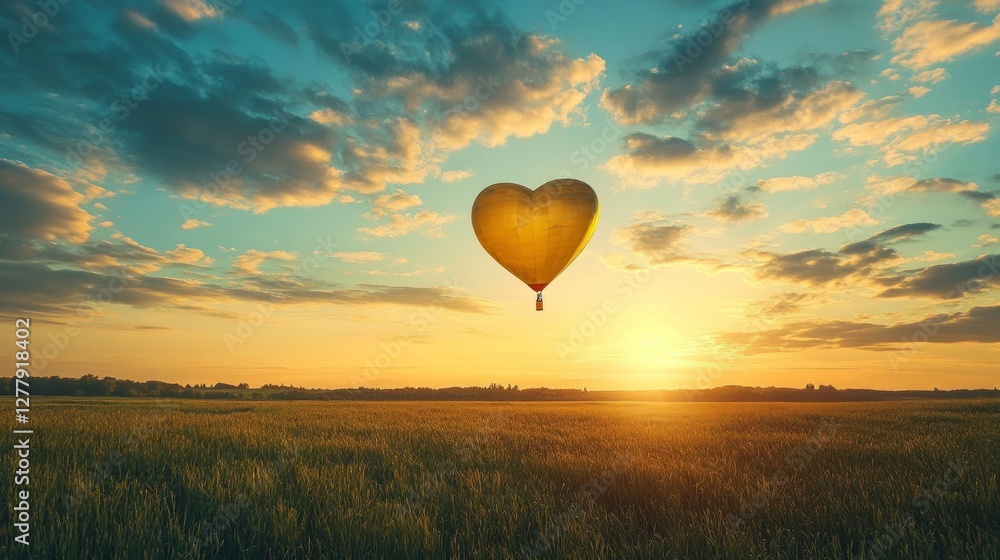 Fototapeta premium Heart-Shaped Hot Air Balloon at Sunrise over a Field