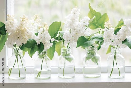 Fresh white flowers in clear jars create serene, natural ambianc photo