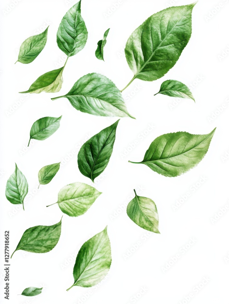 Fresh Green Leaves Floating on White Background in a Minimalist Style Perfect for Spring and Summer Designs and Natural Beauty Fresh Green Leaves Floating on White Background in a Minimalist Style Perfect for Spring and Summer Designs and Natural Beauty