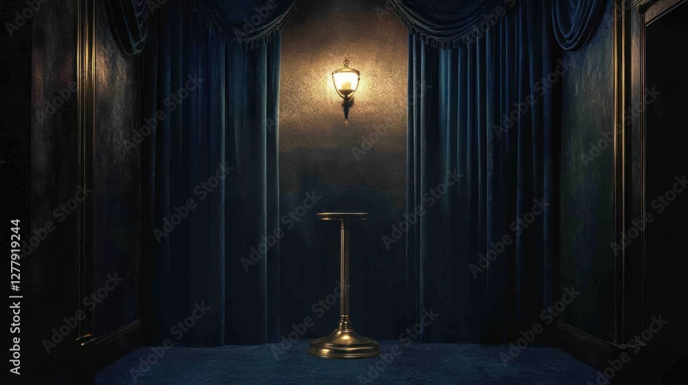 Fototapeta premium Illuminated pedestal stands before dark blue curtains on a stage