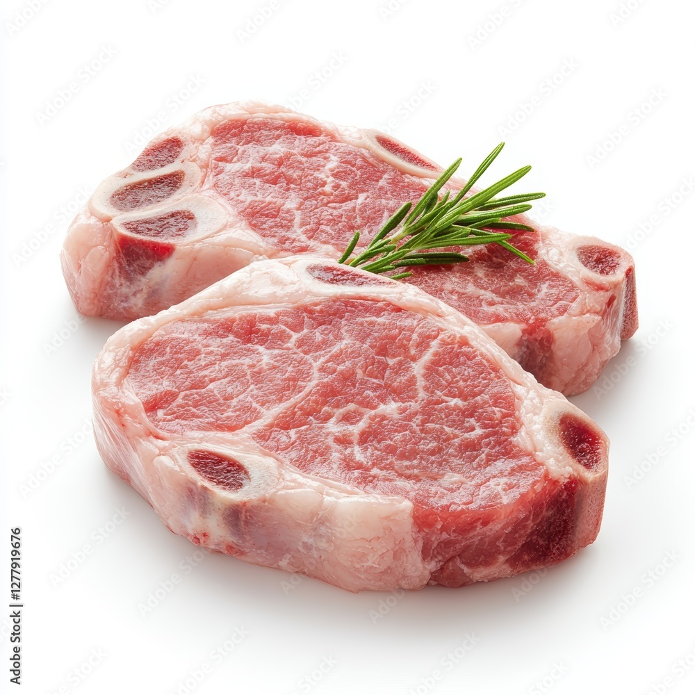 Fresh, raw meat chops with a sprig of rosemary, ideal for grilling or roasting, showcasing rich marbling and quality. Fresh, raw meat chops with a sprig of rosemary, ideal for grilling or roasting, showcasing rich marbling and quality.