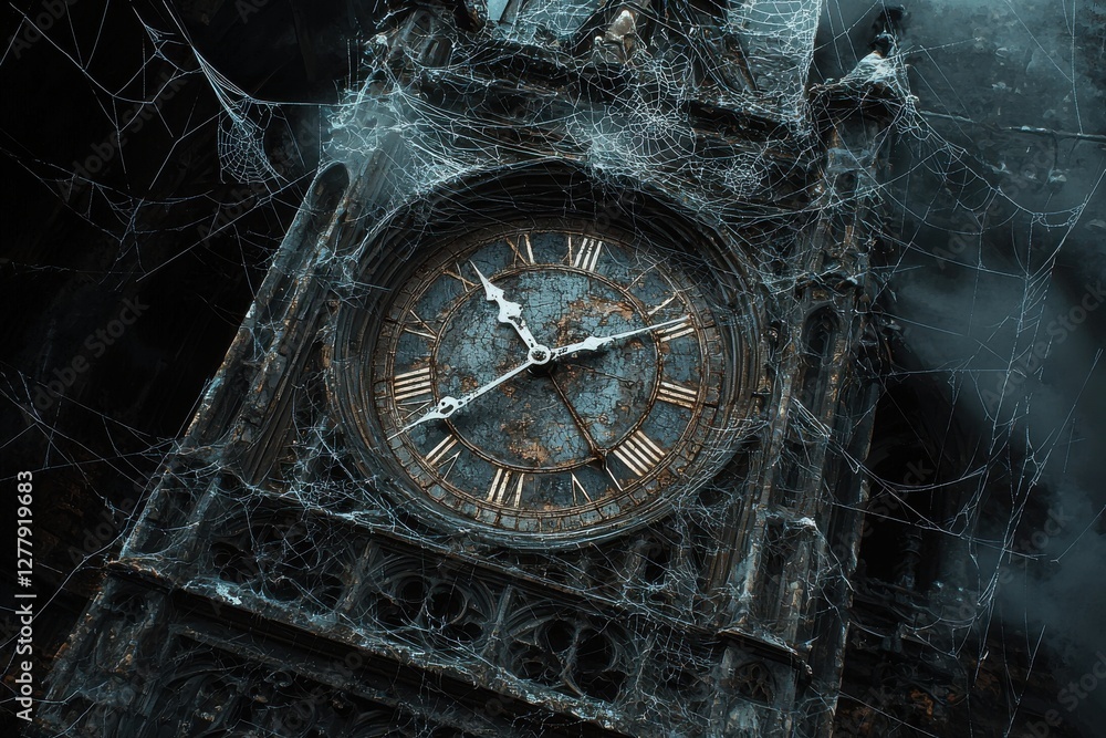 Obraz premium A weathered clock tower stands shrouded in webs, its aged face a testament to time's passage, amidst a chilling atmosphere enhanced by subtle gothic designs and spooky aesthetics.