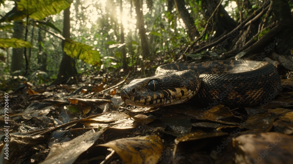 Naklejka premium Camouflaged snake rests upon foliage covered jungle floor calmly
