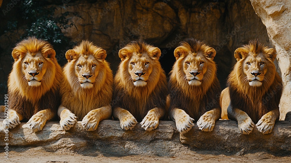 Four Majestic Lions Resting on a Rock Formation Four Majestic Lions Resting on a Rock Formation