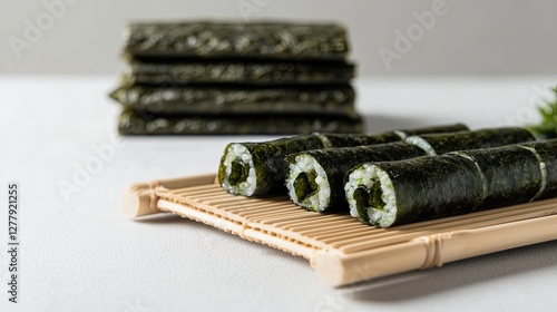 Delicious sushi rolls resting on traditional bamboo mat, vibrant photo