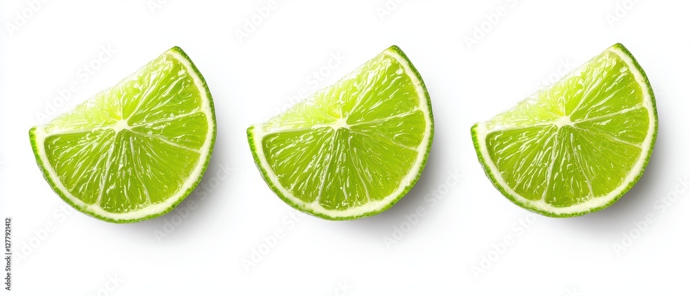 Fresh lime wedges arranged neatly, showcasing vibrant green color and juicy texture, perfect for culinary use or garnishing drinks. Fresh lime wedges arranged neatly, showcasing vibrant green color and juicy texture, perfect for culinary use or garnishing drinks.