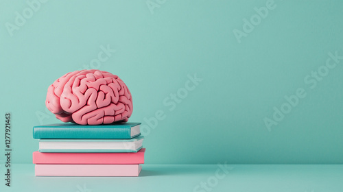 Teaching technology of education. A pink brain model on stacked books against a teal background.