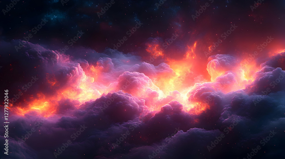 Naklejka premium Dramatic Nebula in Deep Space with Red Orange and Purple Hues Creating Ethereal Atmosphere