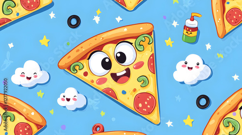 Fun pizza slice pattern with cute faces and colorful elements