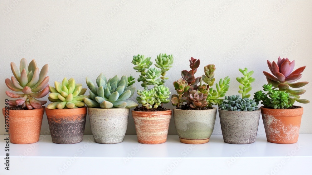 Fototapeta premium Succulents in terracotta pots on shelf, indoor plants, home decor, gardening