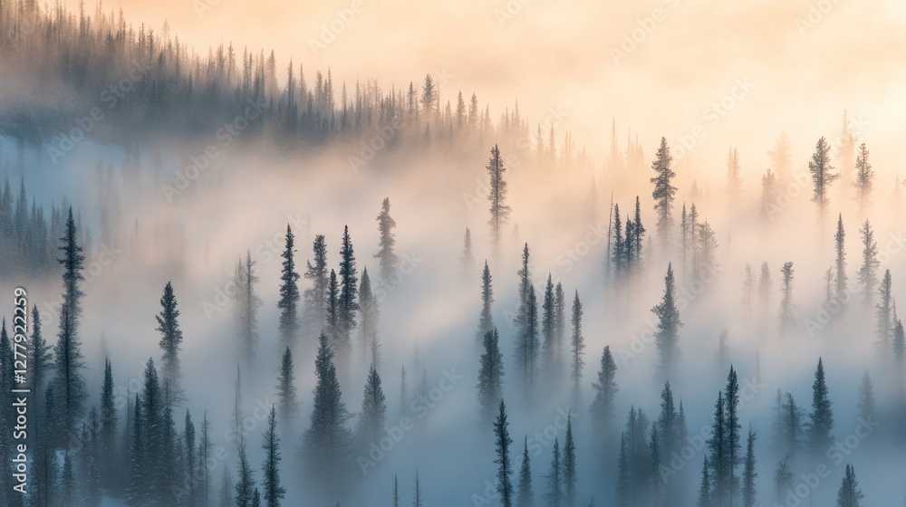 Obraz premium Fog envelops evergreen trees in a peaceful mountain landscape