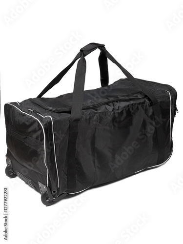 A black duffel bag with wheels and a handle on a white bg Hockey Equipment Bag