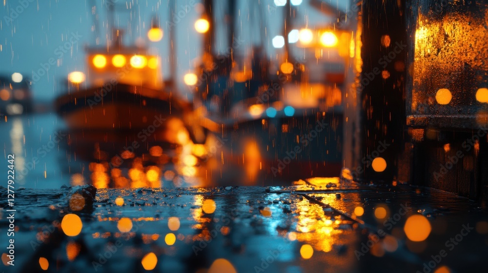 Atmospheric Rainy Night at a Harbor with Glowing Boat Lights Atmospheric Rainy Night at a Harbor with Glowing Boat Lights