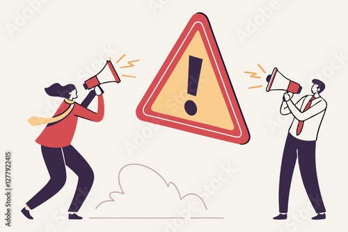 Business illustration concept.  Important announcement, attention or warning information, breaking news or urgent message communication, alert and beware concept, business people announce.