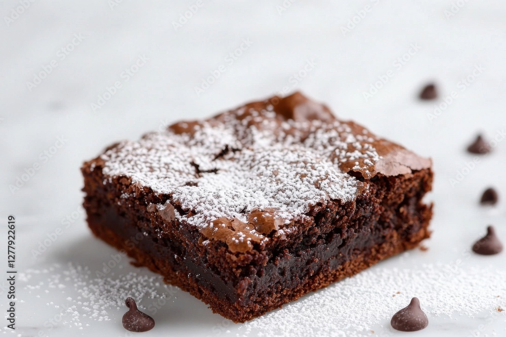 A fudgy chocolate brownie square, dusted with powdered sugar, displayed on a clean white surface with chocolate chips, perfect for a sweet treat or indulgence. A fudgy chocolate brownie square, dusted with powdered sugar, displayed on a clean white surface with chocolate chips, perfect for a sweet treat or indulgence.