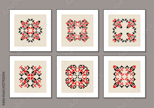 Set of traditional Ukrainian folk knitted embroidery ethnic mandala ornament vyshyvanka
