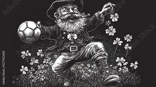 Leprechaun's Soccer Game: A whimsical illustration of a jovial leprechaun playfully juggling a soccer ball amidst a field of four-leaf clovers, radiating joy and Irish charm.