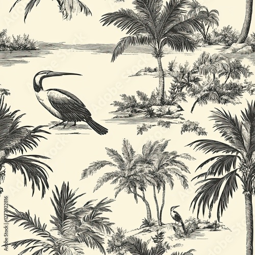 Tropical Toile Palm Trees Exotic Birds Seamless Pattern Design for Fashion and Decor