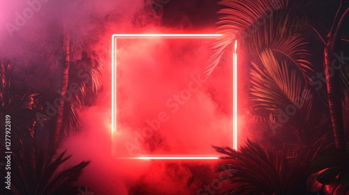 A glowing red neon square is surrounded by palm trees