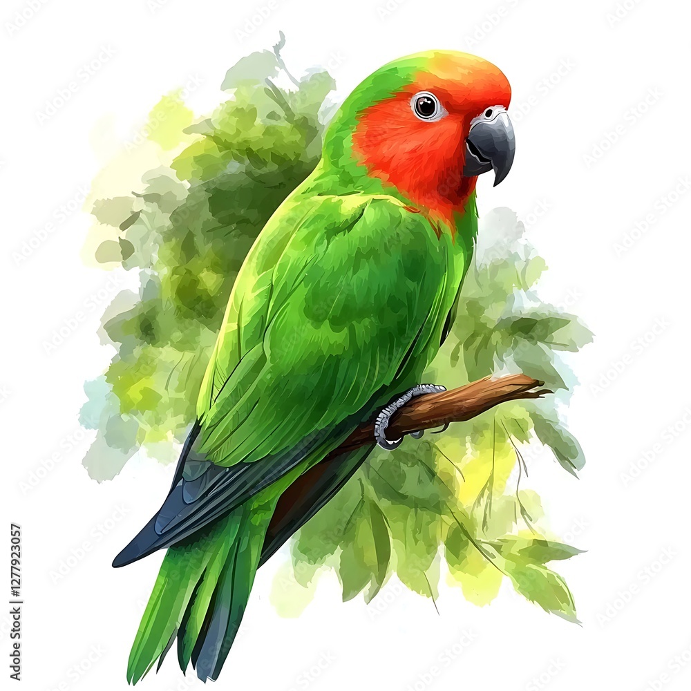 Fototapeta premium Vibrant Red-masked Lovebird Perched on Branch, Watercolor Style Illustration.