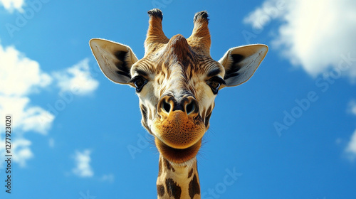 Close-up portrait of a giraffe, showcasing its unique patterns and gentle features against a vibrant blue sky backdrop. photo