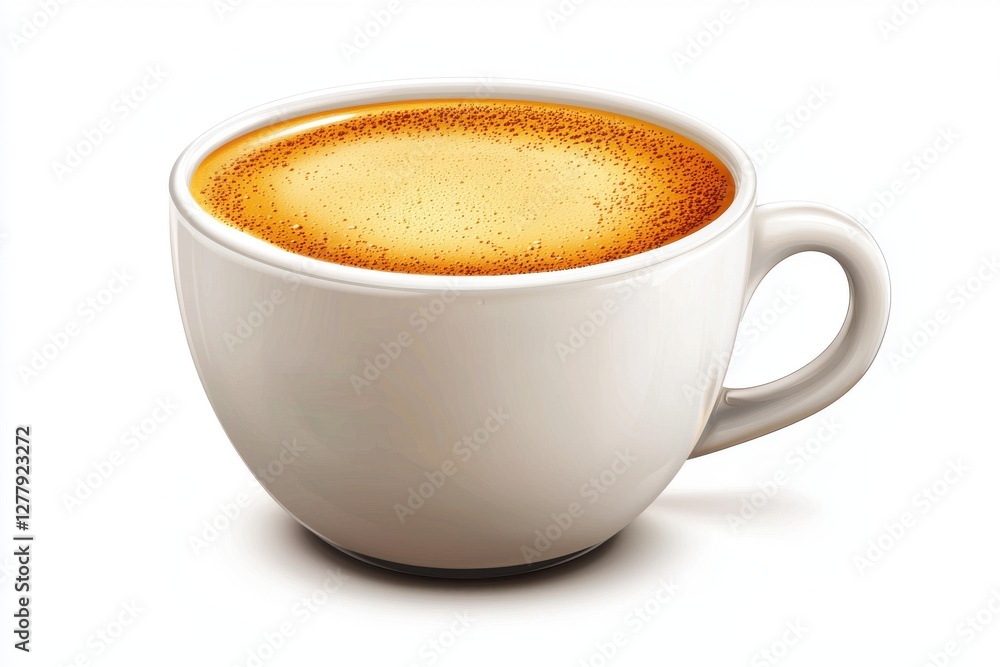 A meticulously crafted digital illustration of a pristine white coffee cup filled to the brim with a rich, aromatic coffee and foamy crema on white. A meticulously crafted digital illustration of a pristine white coffee cup filled to the brim with a rich, aromatic coffee and foamy crema on white.