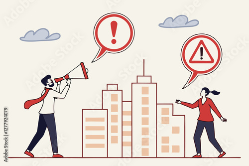 Business illustration concept.  Important announcement, attention or warning information, breaking news or urgent message communication, alert and beware concept, business people announce.
