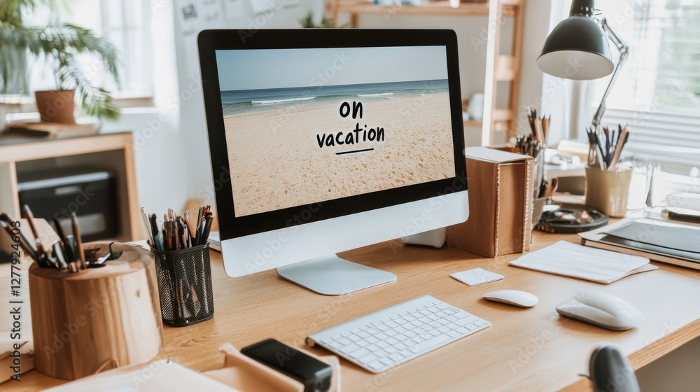 Computer screen on office with beach landscape and Computer screen on office with beach landscape and