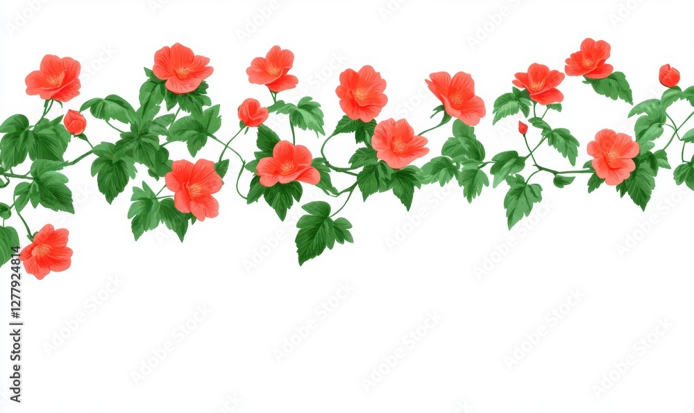 A vibrant arrangement of red flowers intertwined with green leaves against a white background A vibrant arrangement of red flowers intertwined with green leaves against a white background