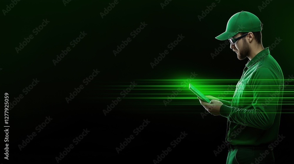 A man in green uniform uses a smartphone, surrounded by a dark background with green light effects, suggesting modern technology and innovation. A man in green uniform uses a smartphone, surrounded by a dark background with green light effects, suggesting modern technology and innovation.