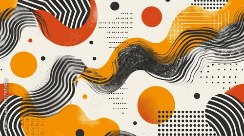 Abstract orange and black pattern with circles and wavy lines on a light background. Possible use wallpaper design