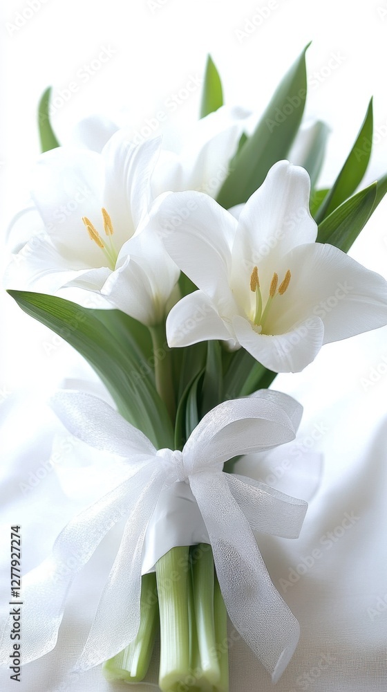 Obraz premium Elegant White Tulips Bouquet Tied with Sheer Ribbon on Soft Fabric Background Capturing Serene Beauty and Freshness for Special Occasions