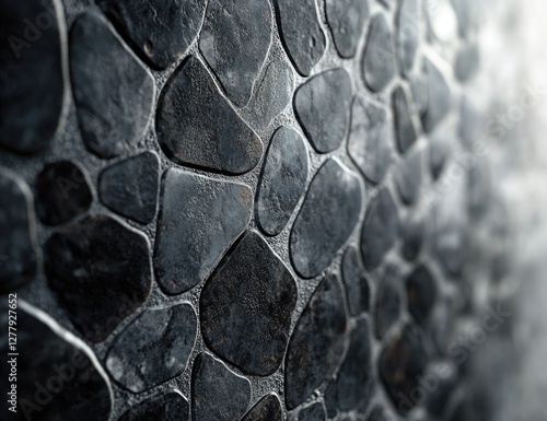 Dark stone pebble wall texture, close-up, blurred background, design photo